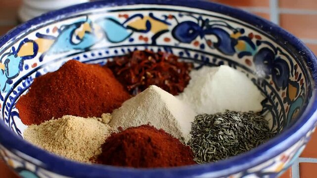 Vibrant Cooking Spices and Herbs Artfully Arranged in a Decorative Bowl for Culinary Preparation.