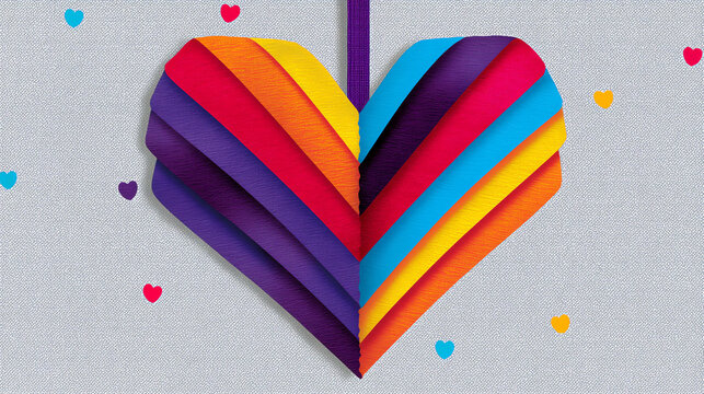 Colorful layered paper heart hanging against a textured gray background with small scattered multicolored hearts