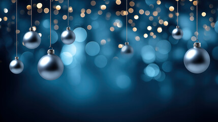 Christmas holiday background with copy space, hanging balls and bokeh lights on blue background. Merry Christmas and Happy Holidays greeting card, frame, and banner. New Year. Noel