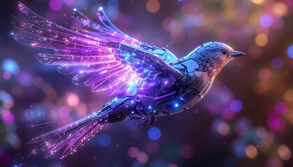 Futuristic hummingbird soars with radiant wings, a stunning display of technology and nature in perfect harmony, glowing in a vibrant digital landscape