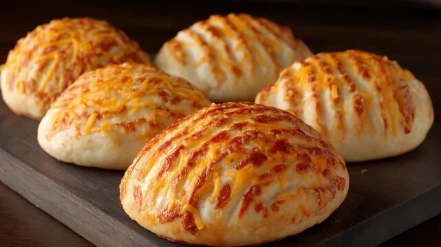 Delicious Baked Cheese Buns Fresh from the Oven on a Rustic Wooden Board