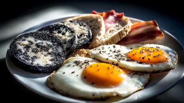 Hearty Full English Breakfast Plate with Sunny Side Up Eggs, Crispy Bacon, and Savory Pudding.