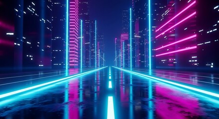 Futuristic neon cityscape with glowing lights and reflections on wet road