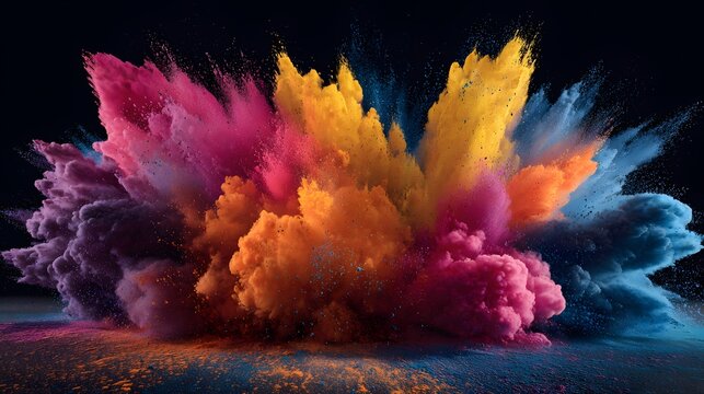 Vibrant clouds of colorful powder explode dramatically against a dark background