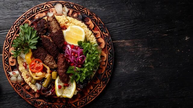 Delicious Middle Eastern Kebab Platter with Couscous, Fresh Herbs, and Lemon on Wood.