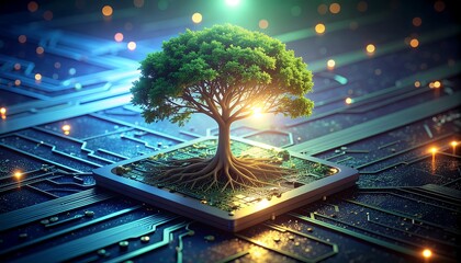 Stunning tree growing from futuristic circuit board platform, symbolizing technology, growth, and innovation for digital marketing and eco-friendly solutions