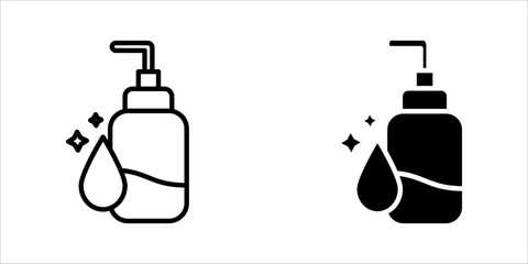 Vector icon illustration showing three styles (outline, solid, and color) of a pump-action bottle with a sparkling drop of liquid on the side. This represents hand sanitizer, liquid soap, hygiene, dis