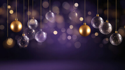 Christmas holiday background copy space, hanging balls bokeh lights on purple background. Merry Christmas and Happy Holidays greeting card, frame, and banner. New Year. Noel. Winter Christmas theme.
