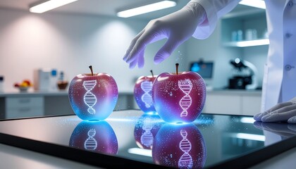 Cutting-edge genomic research on apples with scientist in lab, exploring innovative food science and genetic engineering for a healthier future