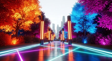 Futuristic city park pathway with glowing trees and neon lights