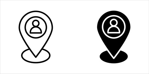 Solid black vector icon illustration of a typical map pin (location marker) with a user or person silhouette contained within a circular profile area inside the pin. This represents user position on a