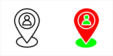 Solid black vector icon illustration of a typical map pin (location marker) with a user or person silhouette contained within a circular profile area inside the pin. This represents user position on a