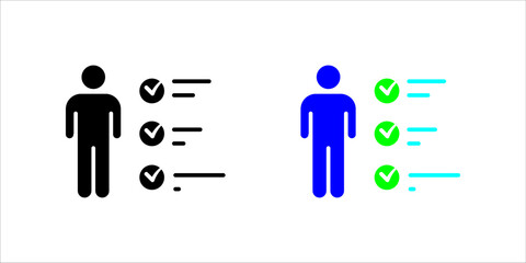 Solid black vector icon illustration showing a silhouette of a person (man) standing next to a checklist with three prominent check marks (ticks) on the line items. This signifies task completion, goa