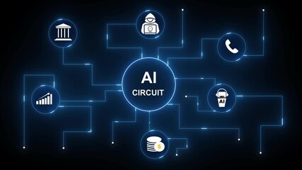 AI Circuit network connections financial banking technology communication customer service. Financial data and network analysis. Digital banking and business growth. Data server icon.4k animation .. - Powered by Adobe