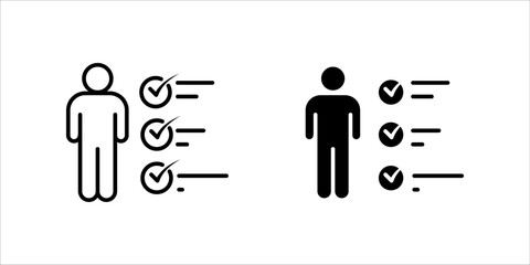 Solid black vector icon illustration showing a silhouette of a person (man) standing next to a checklist with three prominent check marks (ticks) on the line items. This signifies task completion, goa