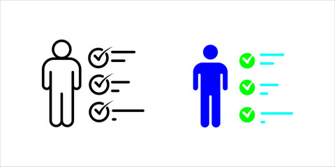 Solid black vector icon illustration showing a silhouette of a person (man) standing next to a checklist with three prominent check marks (ticks) on the line items. This signifies task completion, goa