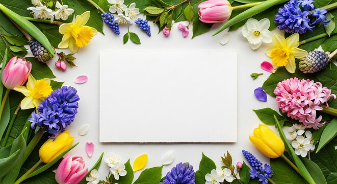 Vibrant spring flowers and green leaves frame a blank card, perfect for invitations, greetings, or seasonal promotions.