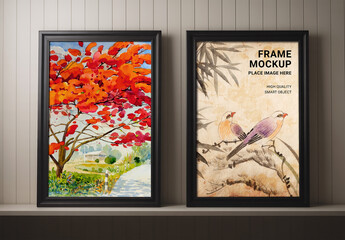 Dual Black Frame Mockup on Shelf with Warm Gallery Lighting