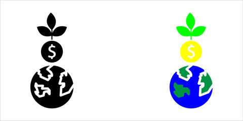 Vector icon illustration showing three styles (outline, solid, and color) of a stack: the Earth/globe at the bottom, a dollar/money coin in the middle, and a growing plant/leaf on top. This symbolizes