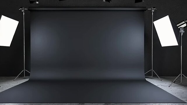Professional Black Studio Background with Lighting Setup for Photography and Videography