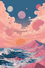 Pixelated Coastal Sunset With Planets Pink Clouds and Mountainous Landscape