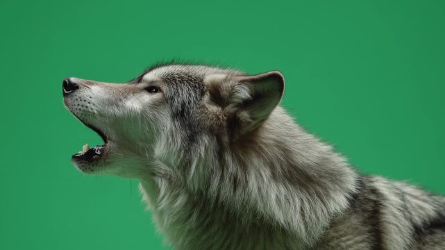 Isolated wolf howling against green screen background animal action scene captivating content natural environment close-up view for wildlife enthusiasts