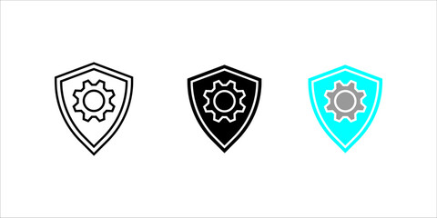 Security_Settings_Shield_Gear_Icon Vector icon illustration showing two styles (outline and solid fill) This symbolizes Artificial Intelligence processing, advanced technology chip, machine learning d