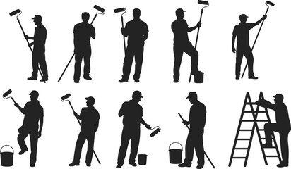 Obraz premium Male painter silhouettes using paint rollers, standing on ladders, holding paint buckets, wearing caps, painting walls, work, home renovation, construction, labor, tools, industry