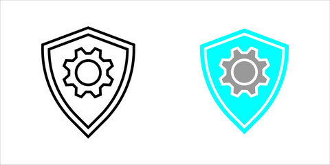 Security_Settings_Shield_Gear_Icon Vector icon illustration showing two styles (outline and solid fill) This symbolizes Artificial Intelligence processing, advanced technology chip, machine learning d