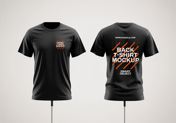 Front and Back Black Tshirt Mockup on Stands with Clean Studio Lighting