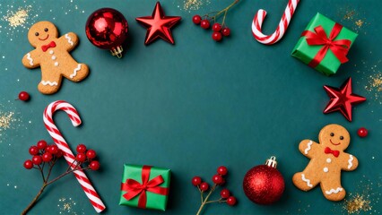 Fototapeta premium Christmas Background with Gingerbread Men, Ornaments, Candy Canes, and Gifts on Green. Festive Holiday Season Still Life.