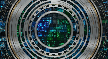 Futuristic circular interface with glowing blue and green digital circuitry