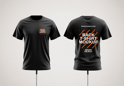 Front and Back Black Tshirt Mockup on Stands with Clean Studio Lighting