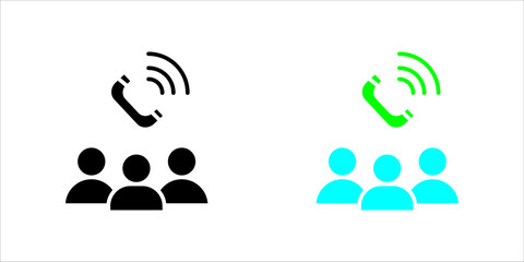 Group_Call_Conference_Outline_Solid_Icon Vector icon illustration showing two styles (outline and solid fill) of a group of three people (users) underneath a ringing telephone handset symbol. This sig