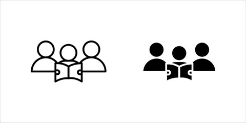 Vector icon illustration depicting a group of three people (users) with an open book in front of them, displayed in three different styles (outline, solid, and partial color). This represents a study 