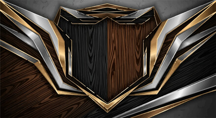 Elegant crest design with metallic gold, silver, and wood textures, symbolizing prestige and strength.