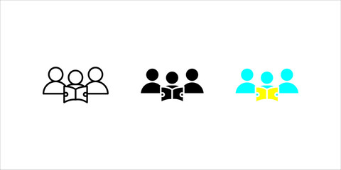 Vector icon illustration depicting a group of three people (users) with an open book in front of them, displayed in three different styles (outline, solid, and partial color). This represents a study 