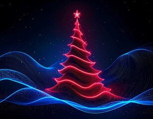 Glowing neon Christmas tree, star, and flowing blue lines on dark background