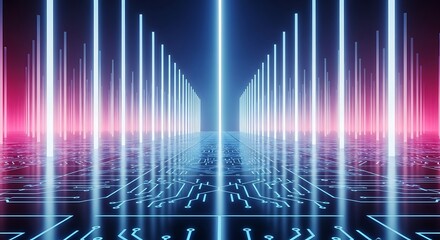 Abstract futuristic digital grid with neon blue and pink light streaks