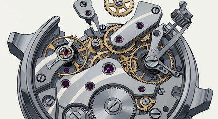 Intricate mechanical watch movement with gears and jewels, detailed engineering.