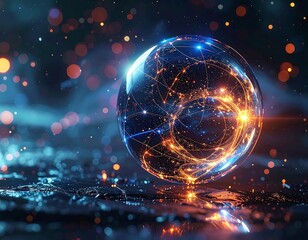 Glowing sphere with intricate network of lights, set against a dark space