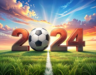 Graphic with soccer ball centered in "2024" on grass with sunset