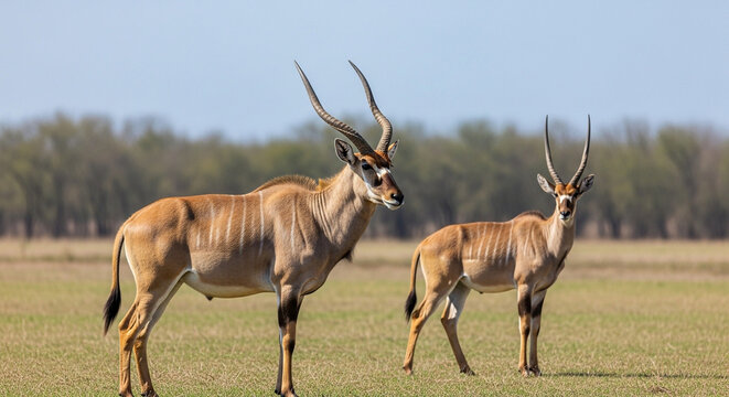 Majestic elands with elegant spiraling horns stand alert in a sunlit grassy savanna under a clear blue sky