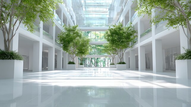 Bright modern atrium space features several potted trees beneath a glass ceiling