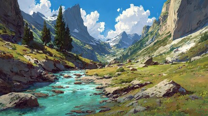 Pixelated Mountain Valley With Flowing River Under Bright Sky