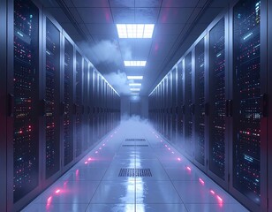 Hallway of server racks, with atmospheric mist, lit by overhead panels