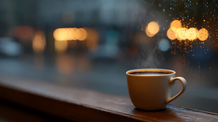 Obraz premium A steaming cup of coffee sits on a wooden windowsill with blurred city lights and raindrops on the window, evoking a cozy, calm atmosphere on a rainy evening