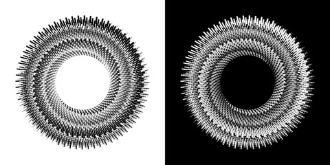 Dynamic abstract spiral sound wave rhythm lines. Circular spiral sound wave rhythm of lines. Circular futuristic abstract lines, black and white background.	