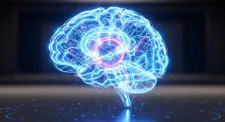 Glowing Human Brain Hologram with Neural Activity and Digital Connections.