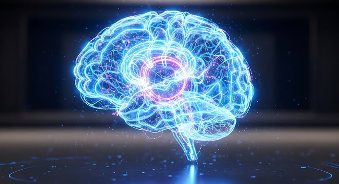 Glowing Human Brain Hologram with Neural Activity and Digital Connections.